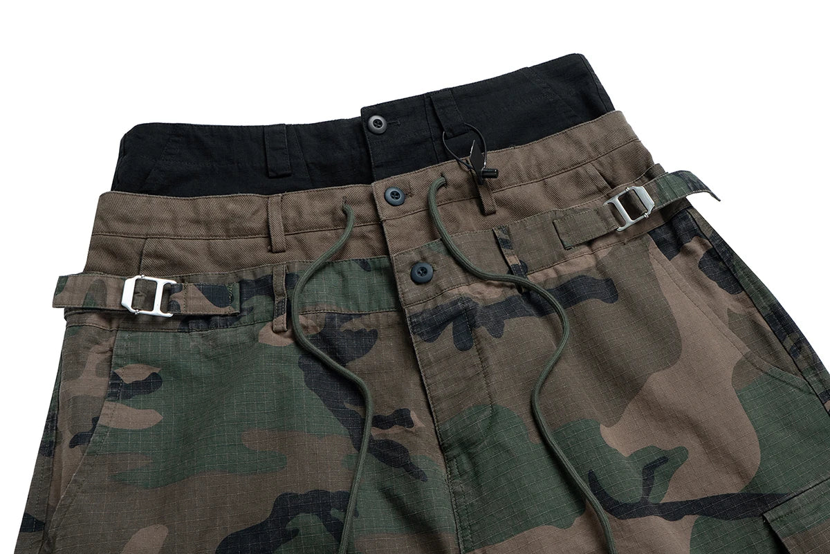 Three Waisted Camouflage Cargo Pants for Men Streetwear Patchwork Baggy Jeans Wide Leg Casual Loose Denim Trousers Oversized