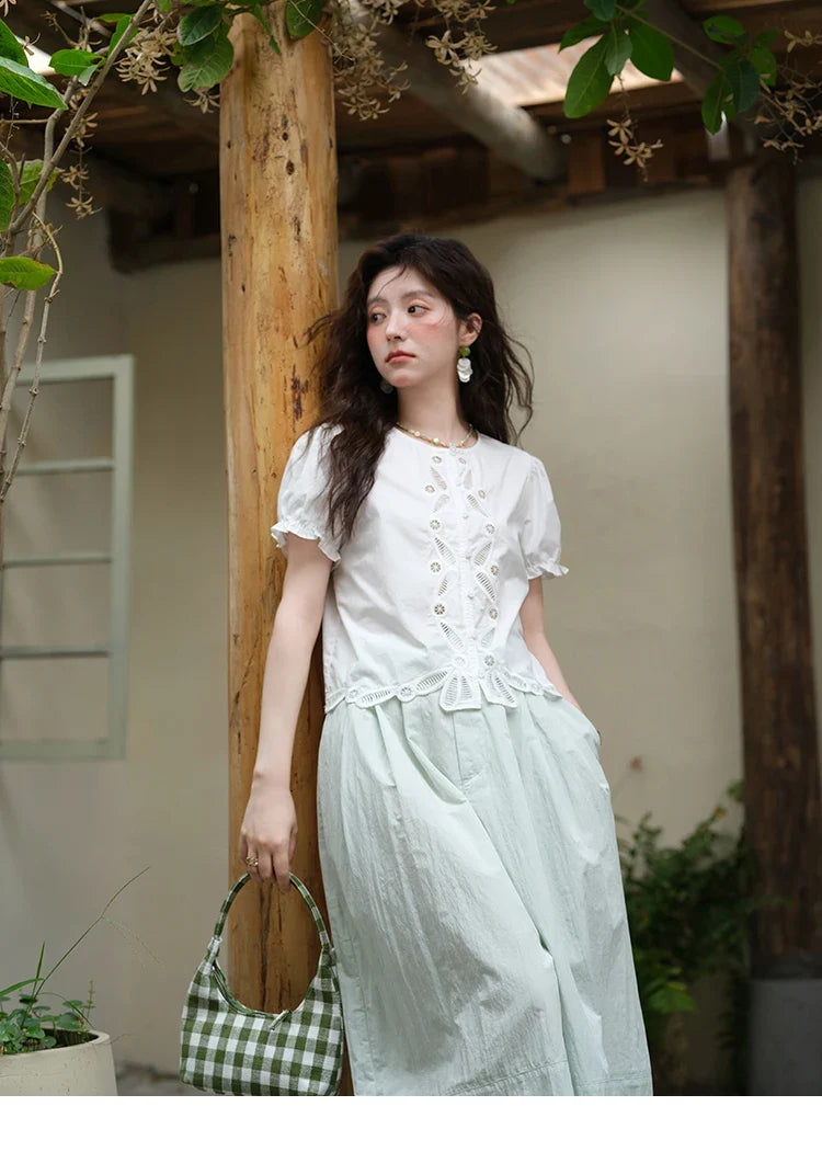 100%Cotton Hollow Embroidery Round Neck Shirt for Women 2025 Summer Puff Sleeve Casual Top Women's Clothing MXE39X1938