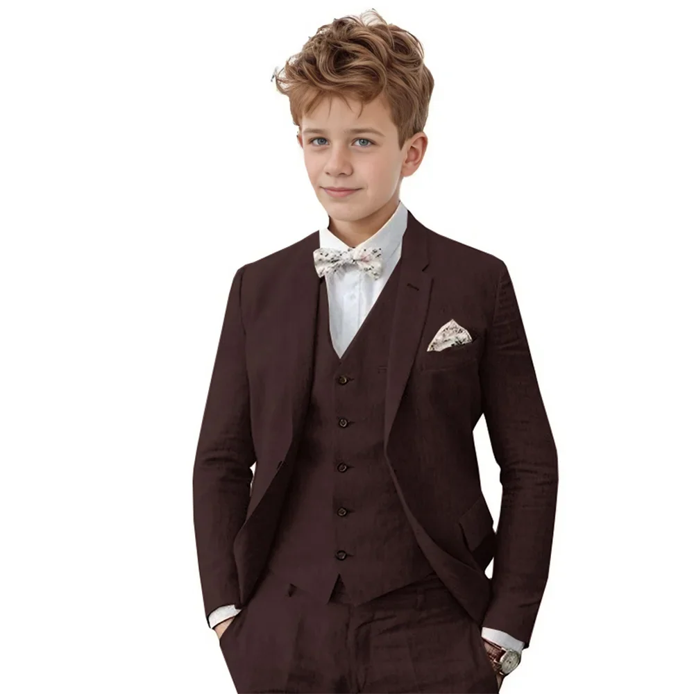 Breathable Linen Boys Suit Set 3 Pieces For Wedding Party,Notched Lapel Kids Suits Piano Performance Outfit Toddler 3-16Y