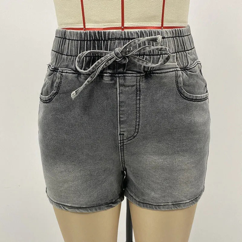 Luxury Fashion Slim Spring/summer New Slim Denim Shorts Women's High Waist Elastic Waist Lace-up Hot Pants