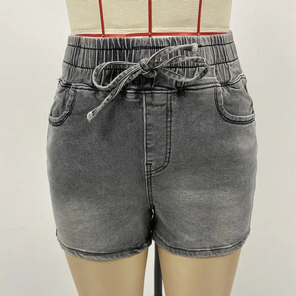 Luxury Fashion Slim Spring/summer New Slim Denim Shorts Women's High Waist Elastic Waist Lace-up Hot Pants