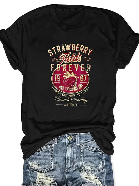 Harajuku Strawberry Fields Forever Letter Print Women T Shirt Short Sleeve Crew Neck Summer Casual Top for Women Clothes Shirts