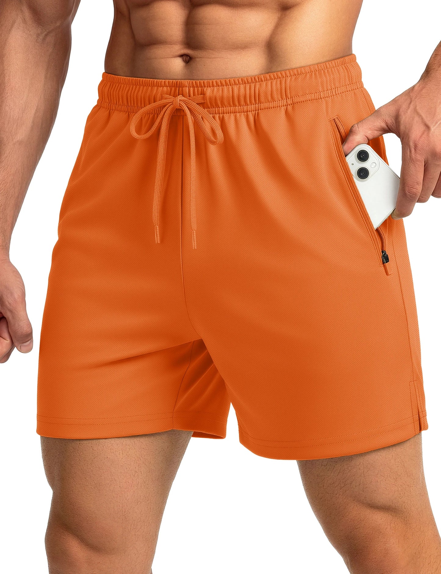 Men's Athletic Running Shorts Mesh Quick Dry Lightweight 5 inches Drawstring Gym Workout Shorts with Zipper Pockets