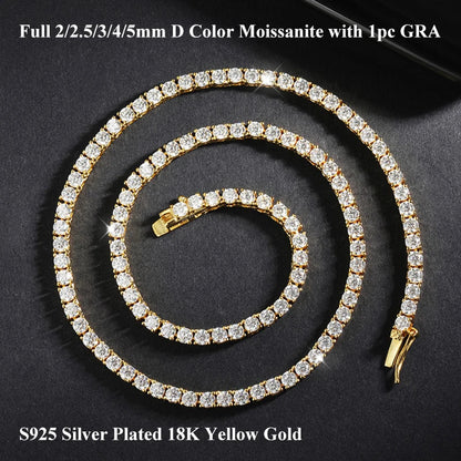 S925 Silver Plated 18k Rose Gold All Moissanite Tennis Necklace D VVS1 2/2.5/3/4/5mm Pass Diamond Test Neck Chain Woman Man