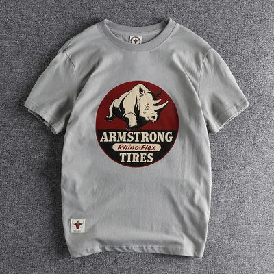 Summer New American Retro Short-sleeved O-neck Rhino Printed T-shirt Men's Fashion Simple 100% Cotton Washed Casual Sport Tops