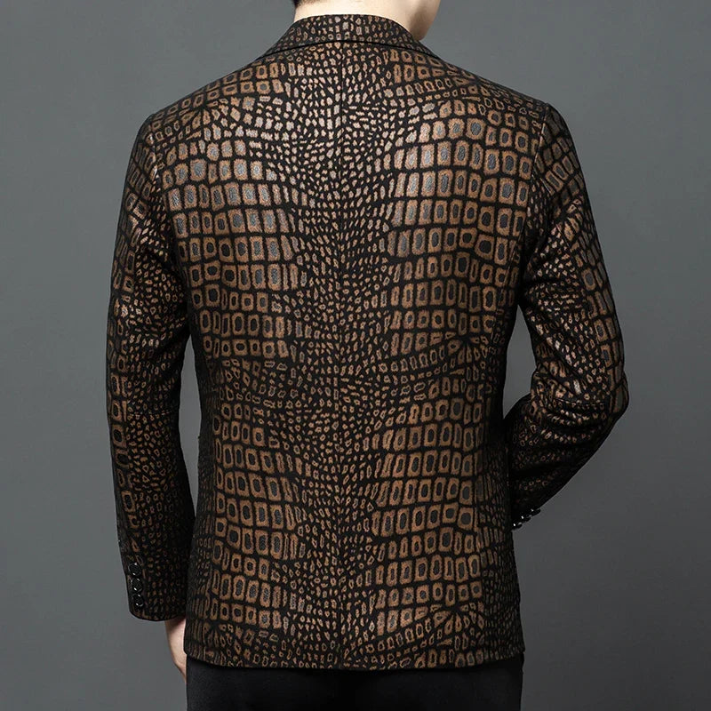 Luxurious Sheepskin Blazers For Men Smooth Casual Leather Jacket Winter Top Quality Leopard Print Slim Gentleman Terno Masculino
