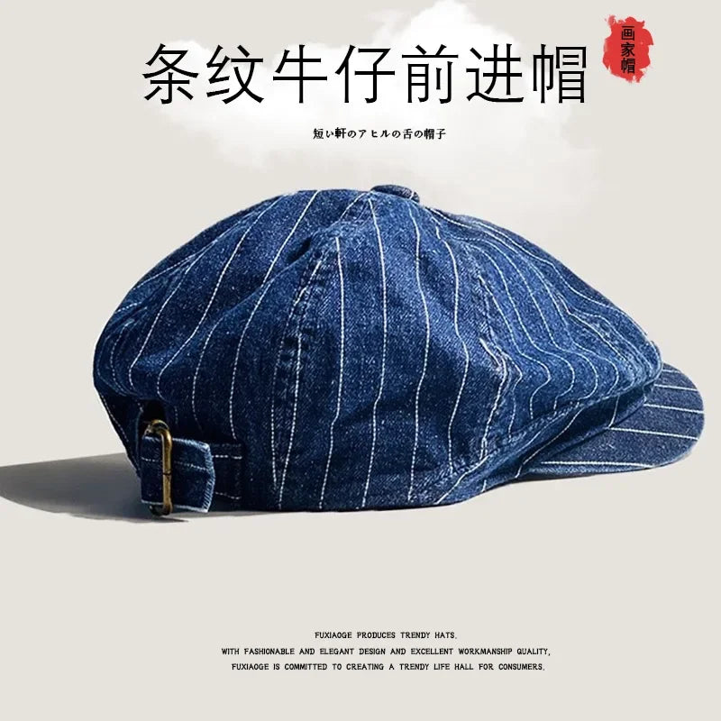 Japanese Retro Washed Striped Denim Forward Hat Men's and Women's Spring and Autumn British Outdoor Sunshade Newsboy Caps Gorras