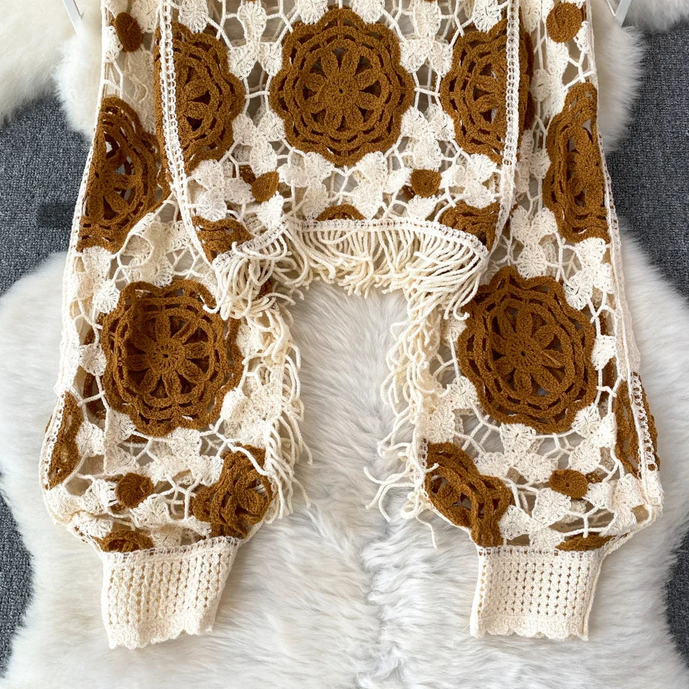 Hook Flower Hollow Out Tops Women Long Lantern Sleeves Tassels Vintage Bohemian Loose Beachwear Hotsweet Knit Blouse