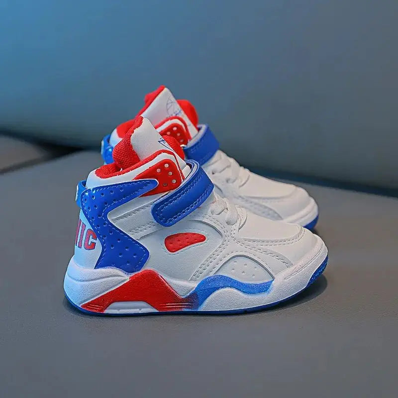 Children's Spring Autumn Casual Shoes Boy's Leather High Top Color Matching Sports Casual shoes Wear Resistant Basketball Shoes