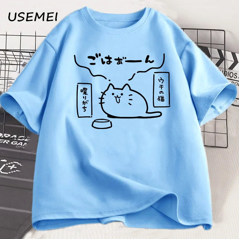 Japanese Style Cat Printed T Shirts for Men Women Cotton Short Sleeve Tshirt Causal Trendy Loose Oversized T-shirt Mens Clothes