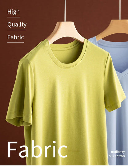 6% Real Silk Cotton Modal Women's T-shirt 2026 Summer Tees Short Sleeve Solid Tee Shirts V-neck Casual Woman Basic T shirt Tops