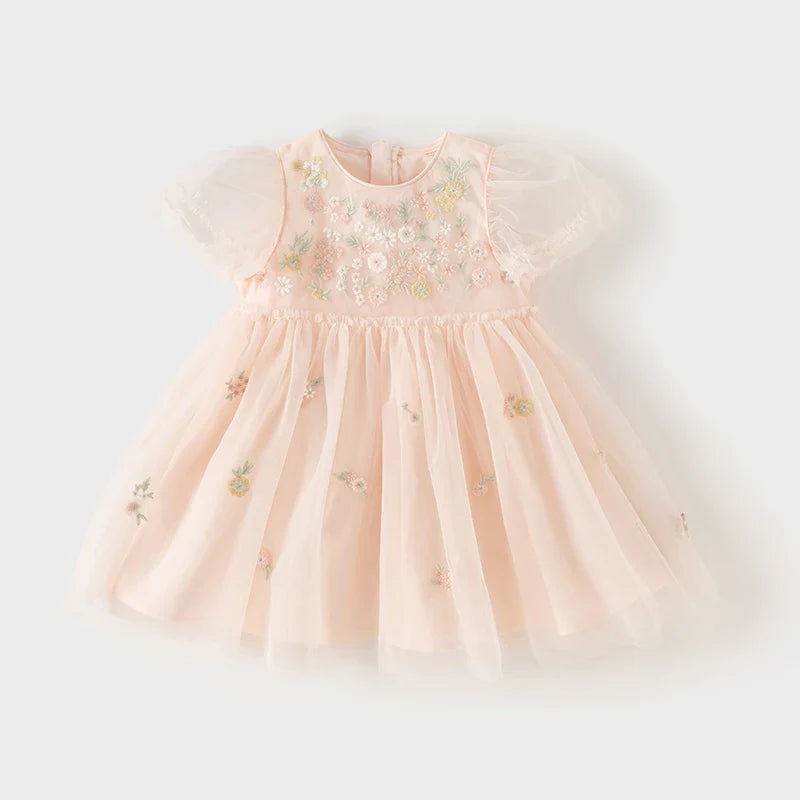 Children's Princess Dress for Girls 2025 New Summer Floral Puff Sleeves Mesh Charm Noble Cute Sweet Party DB2240549