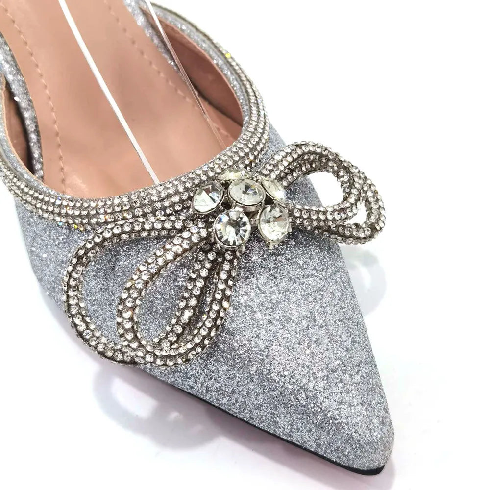 2023 Ladies Pointed-Toe Party High Heels Magenta Colour Bow Rhinestone Stereo Bag Evening  African Wedding Shoe And Bag Set