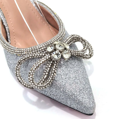 2023 Ladies Pointed-Toe Party High Heels Magenta Colour Bow Rhinestone Stereo Bag Evening  African Wedding Shoe And Bag Set