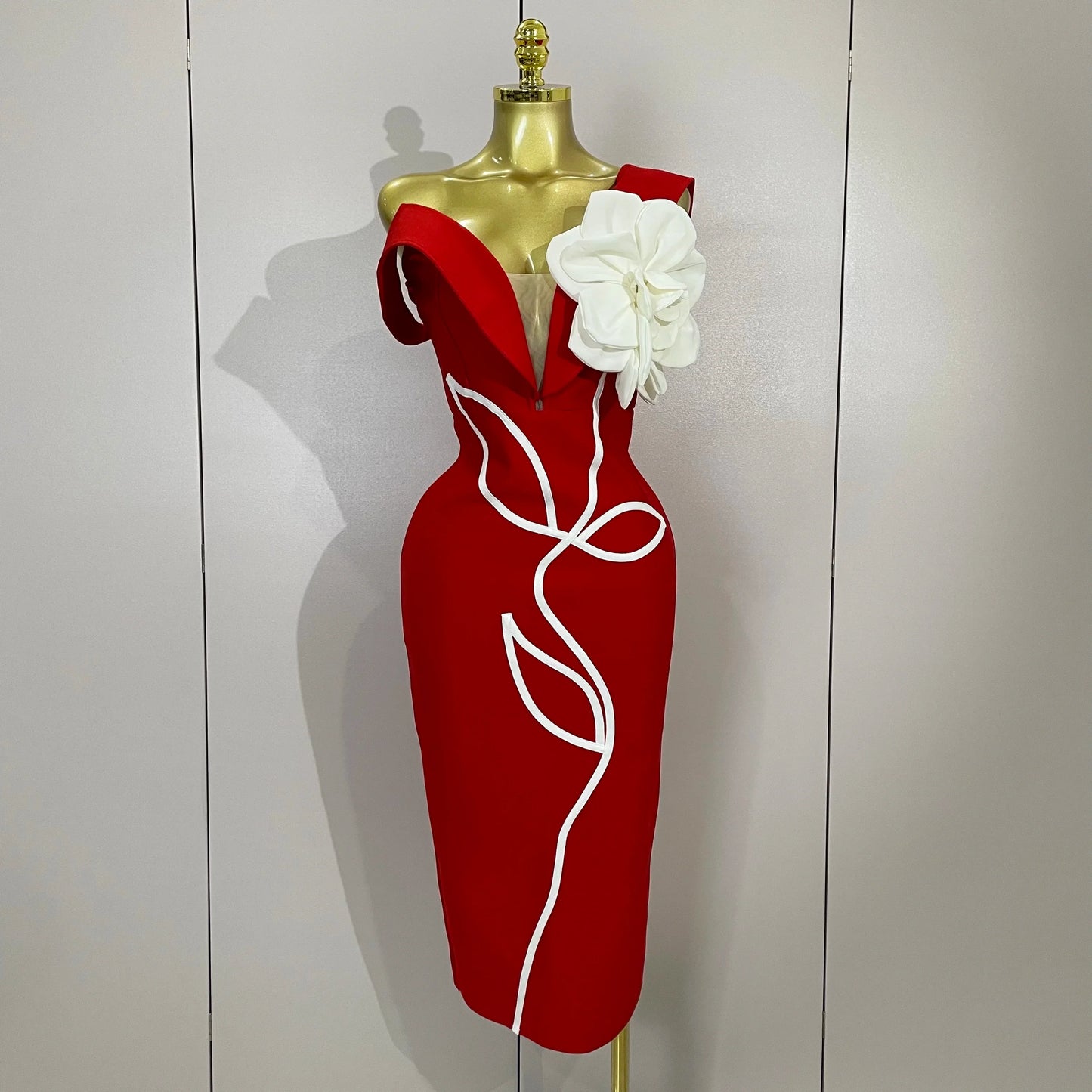 Sexy Off Shoulder White Flower Black Red Bodycon Bandage Long Dress Women Luxury Celebrity Evening Club Elegant Party Gowns