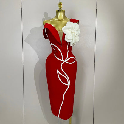Sexy Off Shoulder White Flower Black Red Bodycon Bandage Long Dress Women Luxury Celebrity Evening Club Elegant Party Gowns
