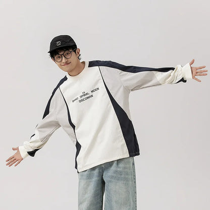 Japanese-inspired Color-blocked Crew Neck Sweatshirt with Patchwork Design: Men's Spring/Autumn Outdoor Leisure