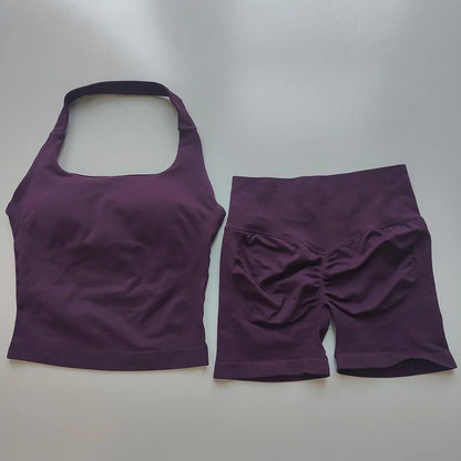 Sexy Halter Neck Beautiful Back High Waist Peach Sports Bras Shorts Suit Pilates Gathering Yoga Vest Training Fitness Bra Sets