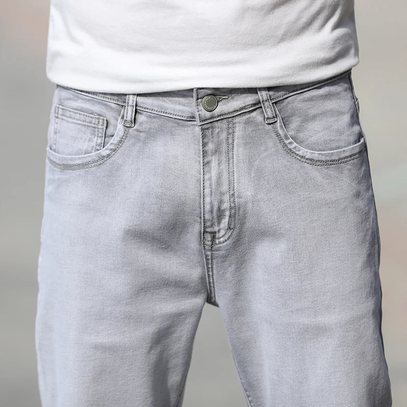 2026 Summer Brand New Men's Straight Loose Thin Jeans Simple Casual Clothing Lightweight Cotton Stretch Light Grey Jeans