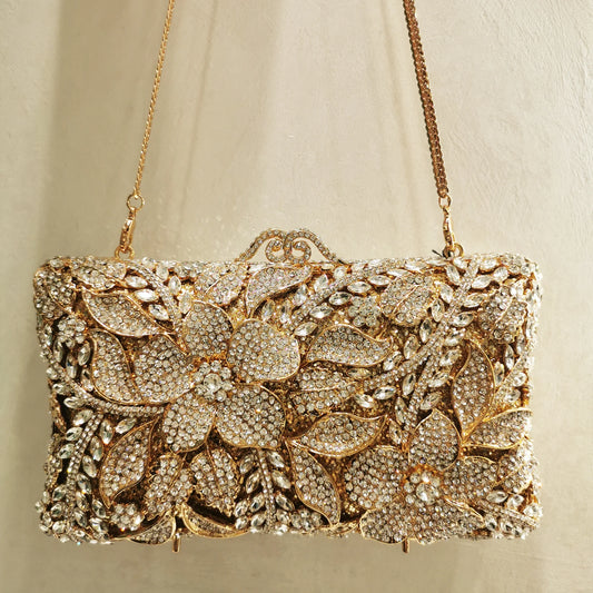 New Arrival Woman Silver Gold Diamond Evening Bag Flower Crystal Birthday Party Handbag Wedding Bridal Gala Floral Purse