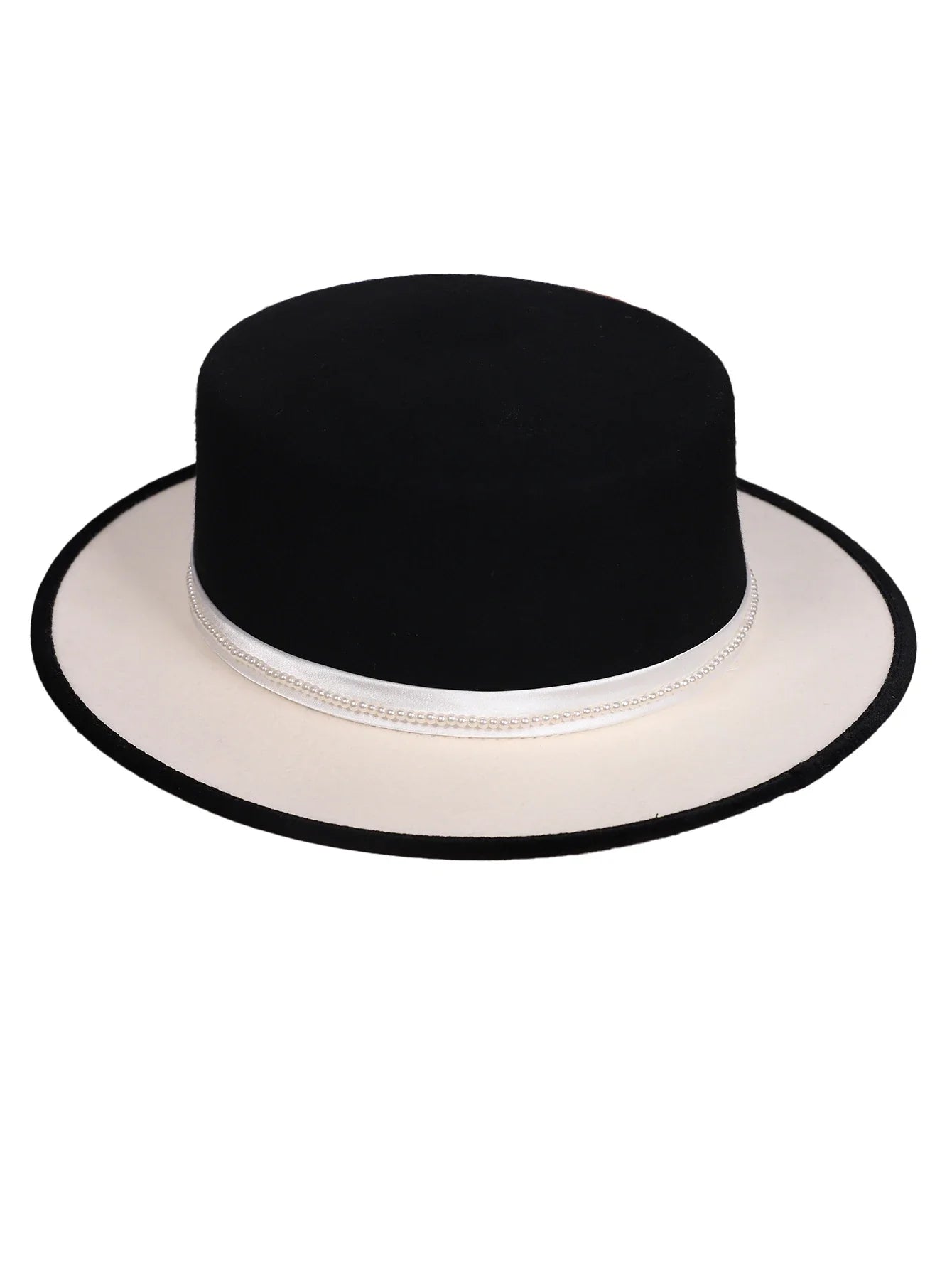 Women's Black/White Flat Top Wool Felt Fedora Hat with Flower Faux Pearl Detail Winter Dress Cap Stylish French Millinery