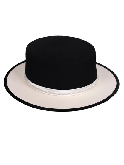 Women's Black/White Flat Top Wool Felt Fedora Hat with Flower Faux Pearl Detail Winter Dress Cap Stylish French Millinery