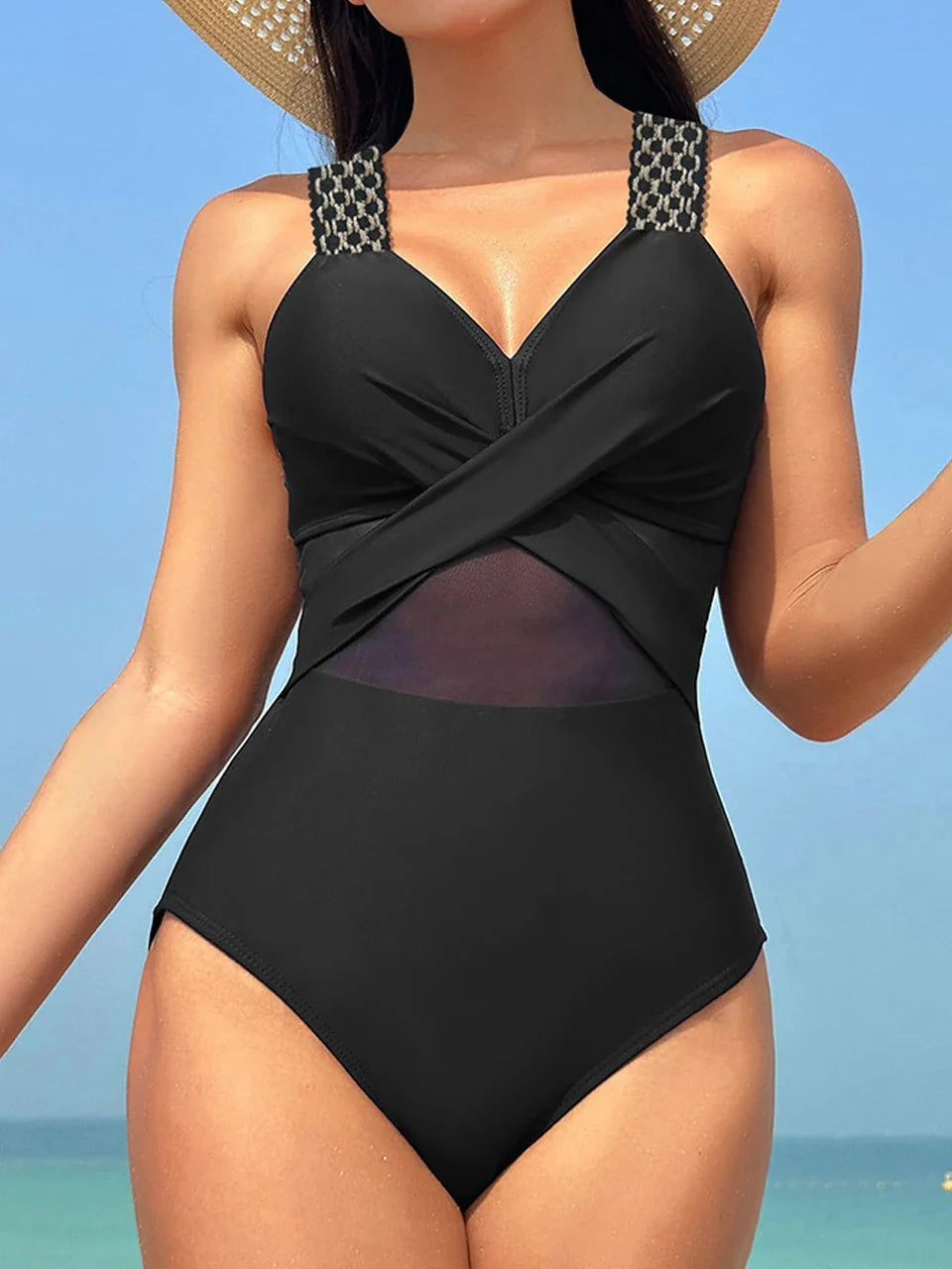 2026 Plain Ruched Mesh Swimsuit Women One Piece Ring Link Swimwear Female Sexy Bathing Swimming Suit Bodysuit Summer Beachwear