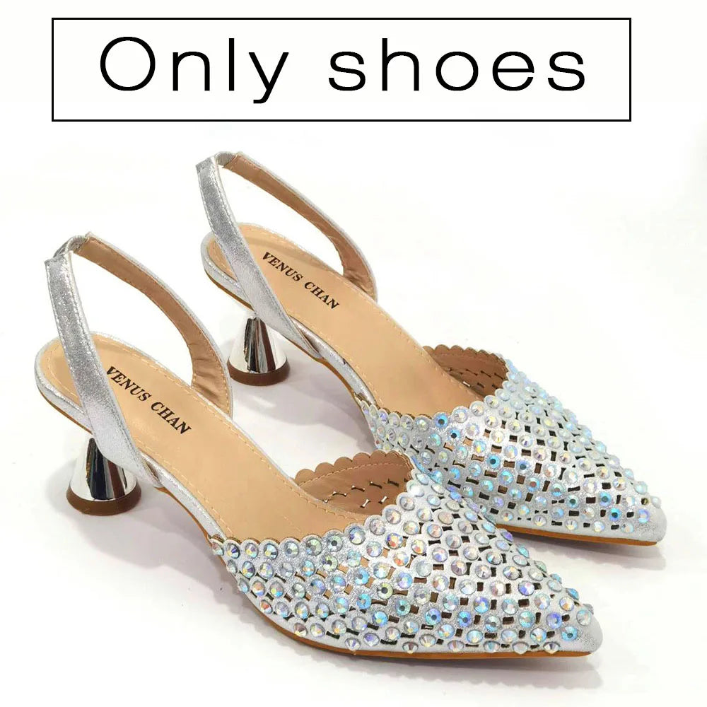 Shoes for Women High Heels 2023 Pointed Luxury Designer Colorful Stones Evening Party Matching Shoes and Bags Sets