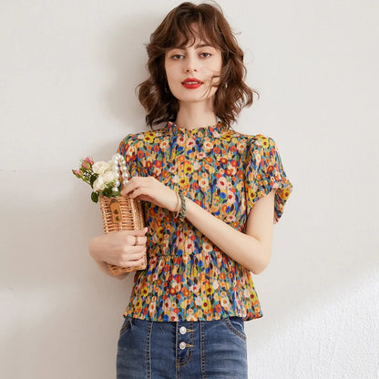Floral Shirt 2026 Summer Women's Blouse French Style O Neck Short Sleeve Elegant Blouses Pullover Top