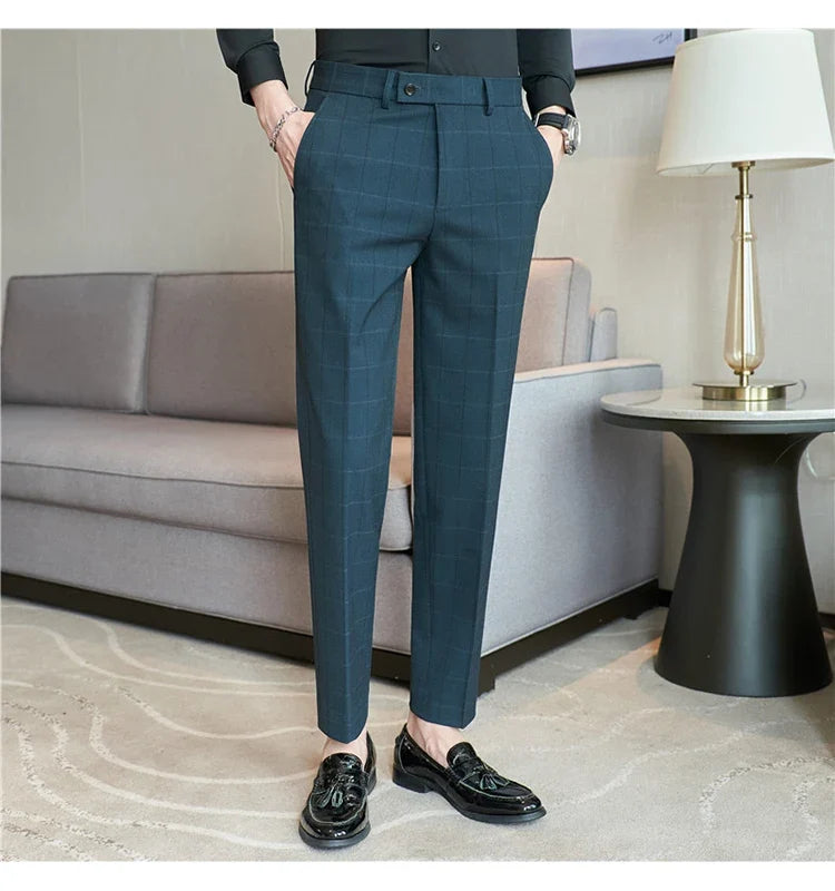 2026 Classic Men's Slim Fit Plaid Striped Casual Pants Fashion Business Slim Fit Suit Pants Formal Groom Wedding Dress Trousers