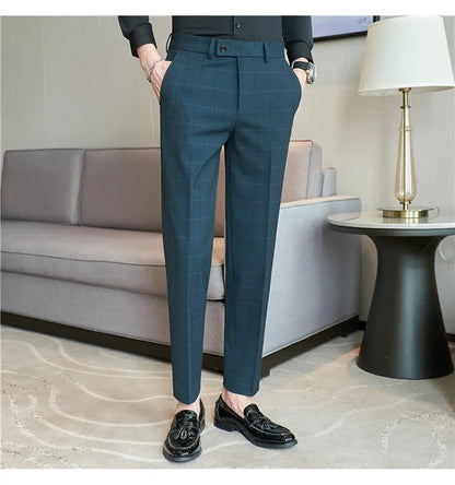 2026 Classic Men's Slim Fit Plaid Striped Casual Pants Fashion Business Slim Fit Suit Pants Formal Groom Wedding Dress Trousers