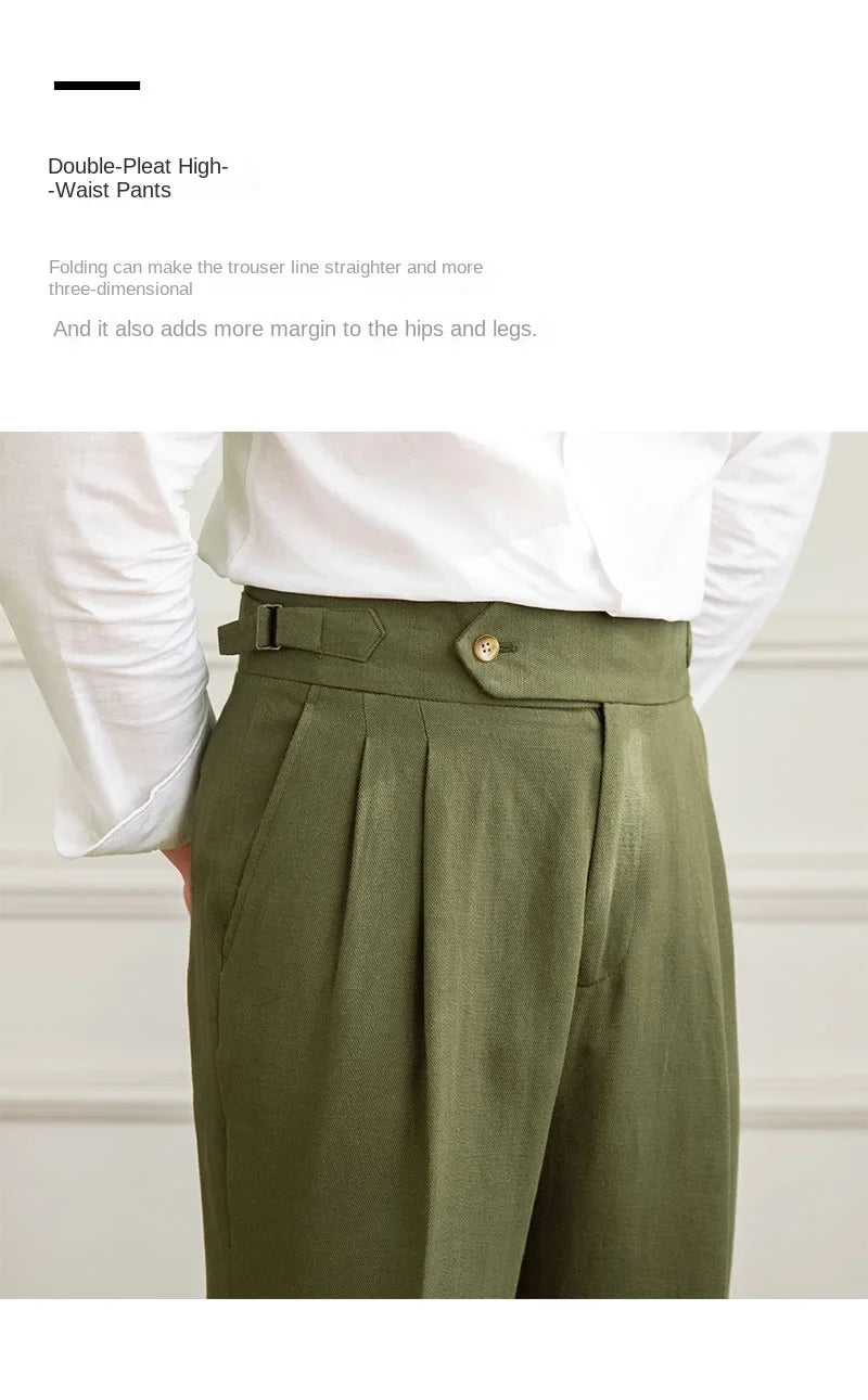 Three Gentleman Summer Naples Casual Straight Pants Men's Commuting Cotton and Linen Comfortable Breathable High Waist Pants