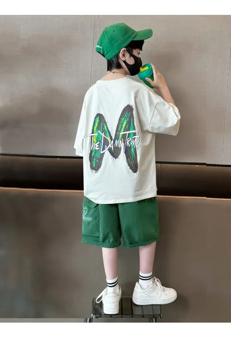 Summer Boys Cotton Leisure Loose Contrast Alphabet T-Shirt Top+Shorts Pant Set School Kids 2PCS Tracksuit Children Outfit 5-16Yr
