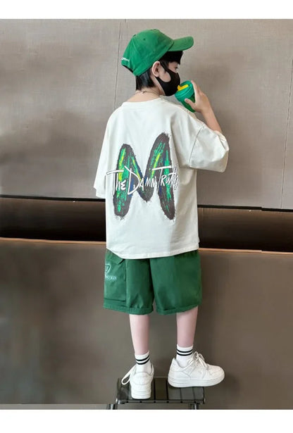 Summer Boys Cotton Leisure Loose Contrast Alphabet T-Shirt Top+Shorts Pant Set School Kids 2PCS Tracksuit Children Outfit 5-16Yr