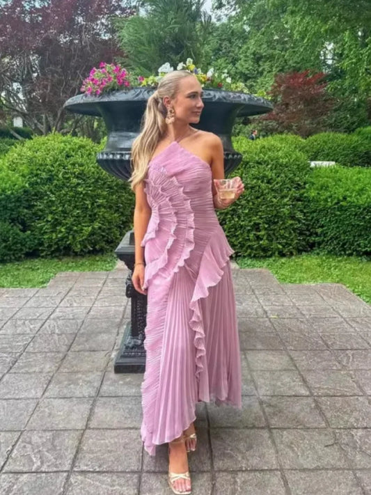 Pleated Halter Neck Long Vacation Dress High Quality Purple Strapless Lotus Edge Maxi Dress 2025 New Lady Vacation Gown