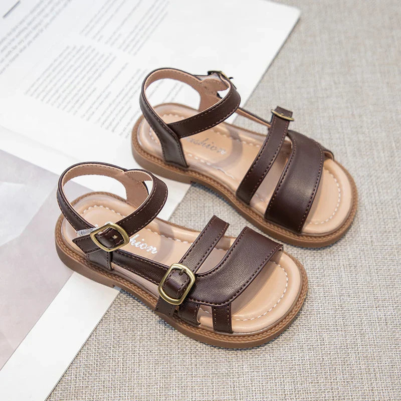 Girls Roman Sandals Open Toe Little Kids Leather Sandals with Buckle Open Toe Children Summer Beach Shoes Non-Slip Soft Sole