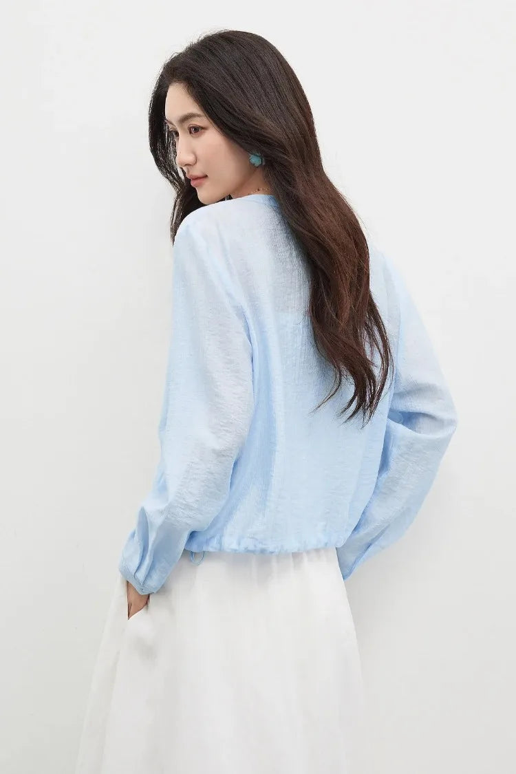 Women's Oversized Lyocell Shirt 2026 Spring Summer Round Neck Long Sleeve Drawstring Sheer Casual Top 161WB5014