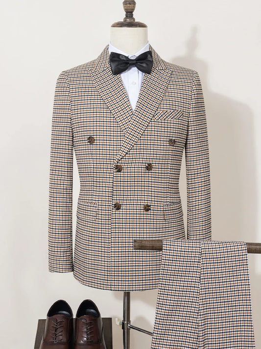 Fashionable Plaid Suit High-end Brand Business Slim Fit Casual Party Dress Male Groom Wedding Blazers Double Breasted
