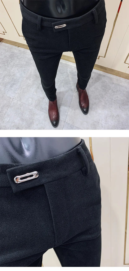 Autumn Winter Thickened Woolen Suit Pants Men Casual Slim Fit Straight Trousers Formal Business Woolen Social Office Warm Pants