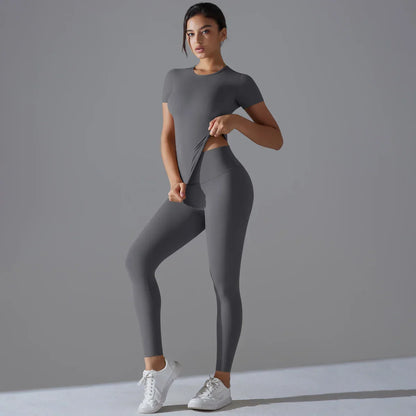 Yoga Set Women Workout Set Sportswear Gym Clothing Fitness Shorts Sleeve Crop Top High Waist Leggings Sports Suits