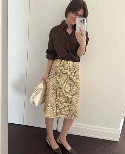 Snakeskin Printed Fashion Skirt Women's High Waist Slim Contrast Patchwork Commute Streetwear Female Vintage Y2k Skirt DDX8
