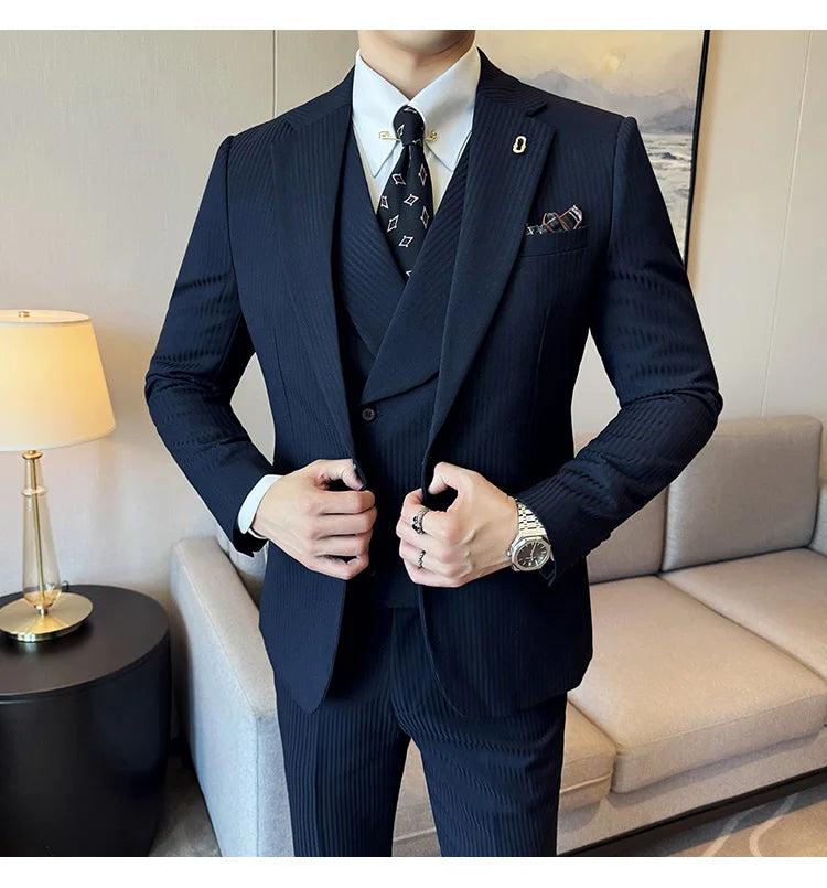 Luxury Stripe Men Suit Korean Version Fashion Elegant Slim Fit Tuxedo Formal Groom Wedding Social Suits