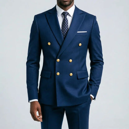 Mens Beige Slim Fit Double Breasted 2 Piece Formal Wedding Tuxedo Gold Buttons Flap Pockets Decorative Cuff Buttons Groom Prom