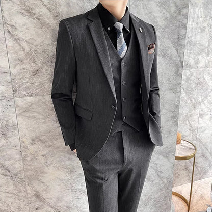 ( Blazer + Vest + Pants ) High-end Formal Casual Business Striped Fashion Men's 3 Piece Suit Groom Wedding Dress Suit