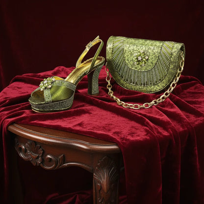 Italian Design Bigger Size Shoes and Bags Set Wedding for Women Bride Ladies High Heel HAND CRAFTED UPPER Shoes with Rhinestone