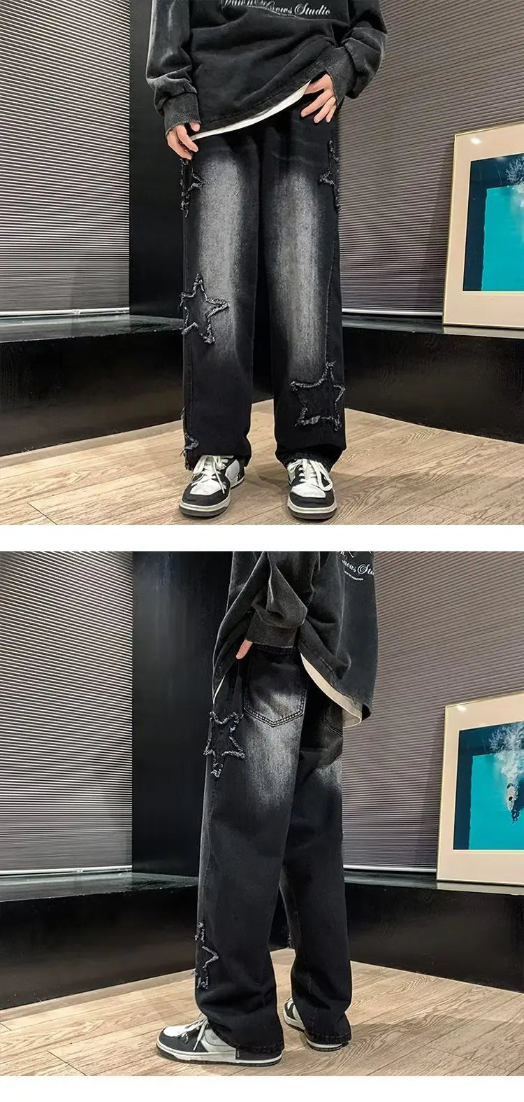 Asian Size American Hiphop Star Jeans Men Pants Men's High Street Trendy Brand Loose Straight Leg Wide Leg Pants Jeans Men Pants
