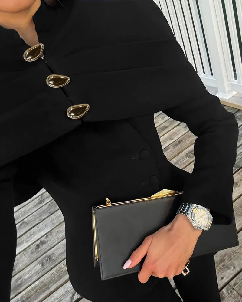 Black Elegant Blazer For Women 2025 Autumn Fashion Gold Buttons Patchwork Jacket Coat Party Vintage Commuter Suit Jacket