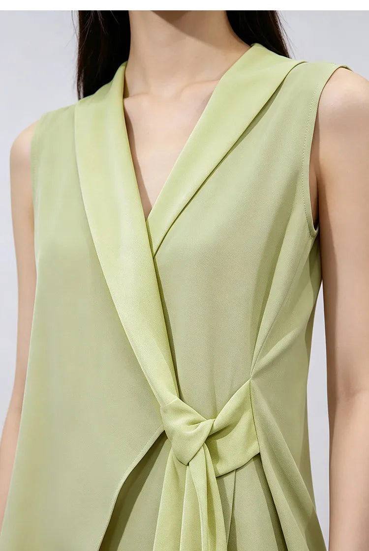 Elegant Women's Blouse 2026 Summer New V-Neck Sleeveless Chiffon Top Satin Spliced Office Flowy Shirt For Women 12642213