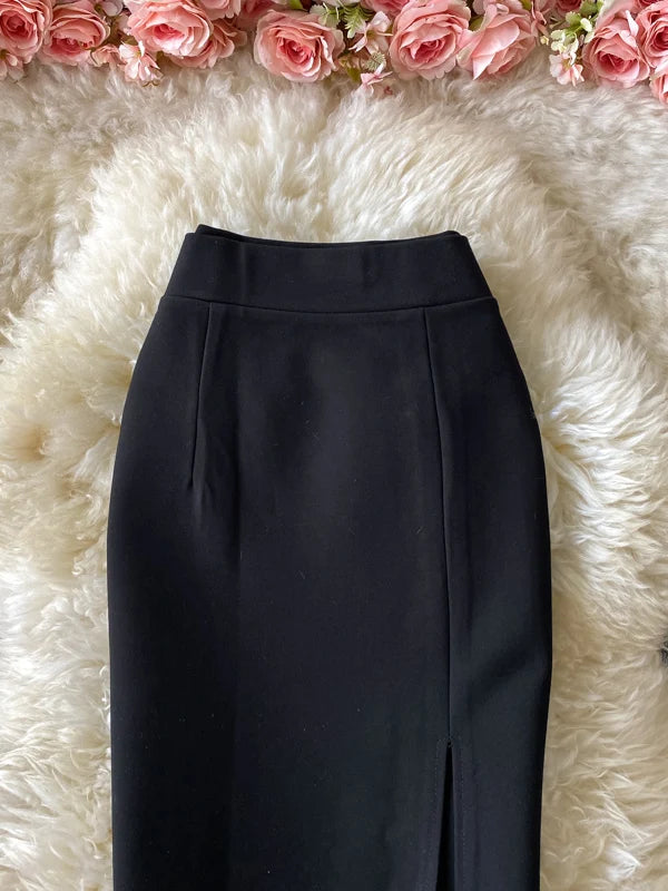 Ele High Waist Midi Skirt Slim Fit Pure Color Asymmetrical OL Busin Women's Faion Spring Ci Commute High Waist