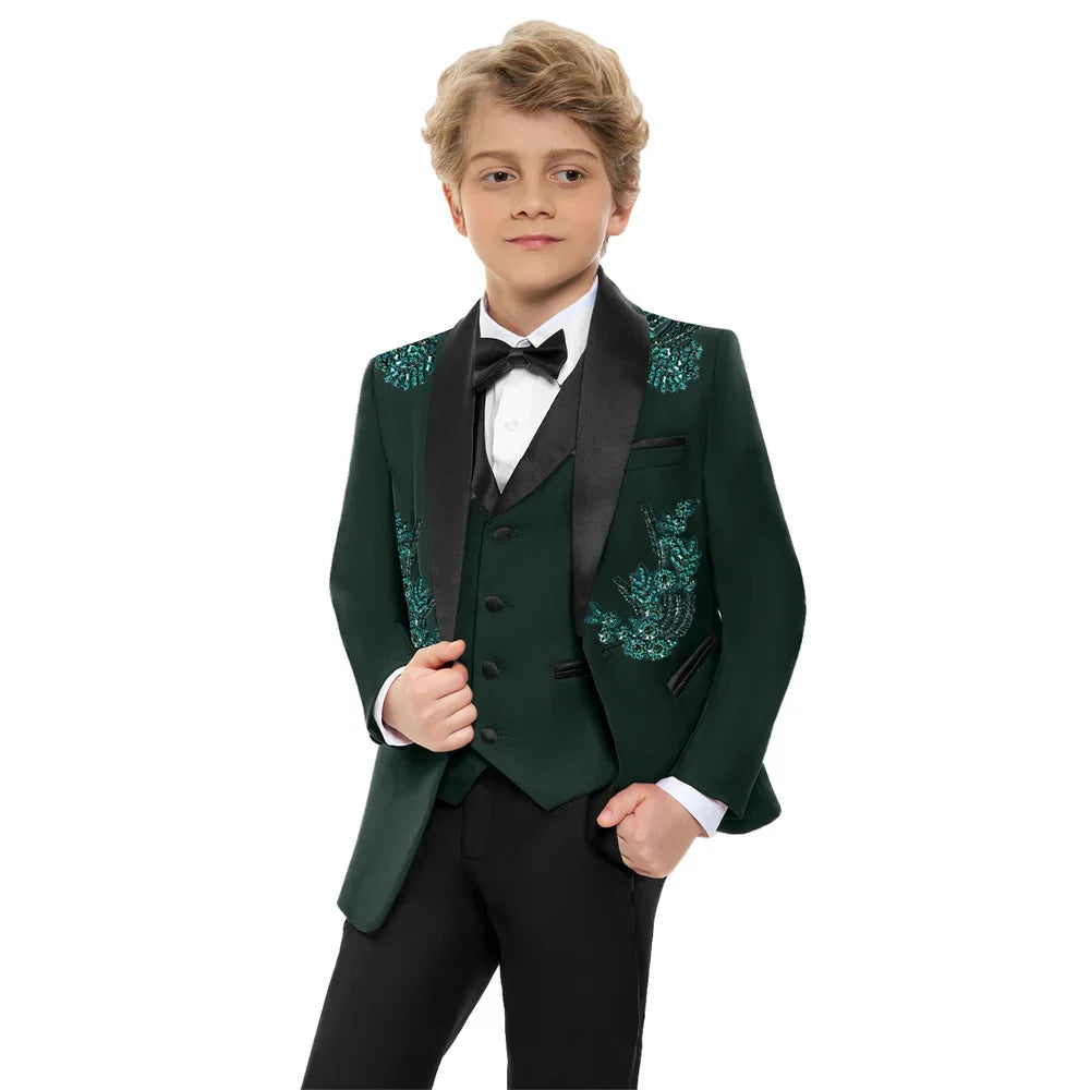 Stunning Luxurious Beaded Kids Suits Set 4 Pieces Handsome Dark Green Children's Tuxedo Party Wear Easter Boys Blazer In Stocks